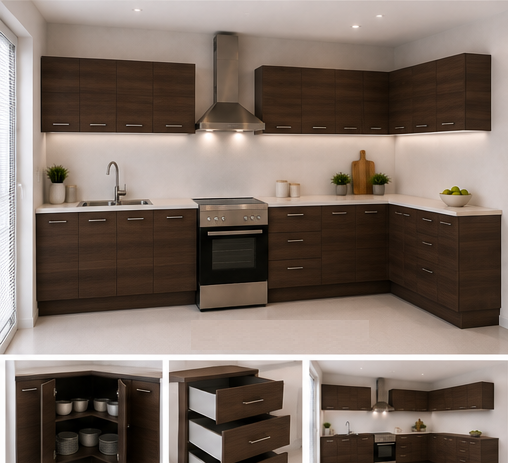 Omarket Γωνιακή Κουζίνα 43 398x269 Πλάτος 667 κουτία 79cm / 60cm / 40cm / 77cm / 37cm / Γωνία 90x90 / 102cm / 59cm / 84cm / 61cm Κρεμαστά – Βάσεις μαζί με πάγκο μελαμίνης 3,2cm Omarket-wenge231282371044