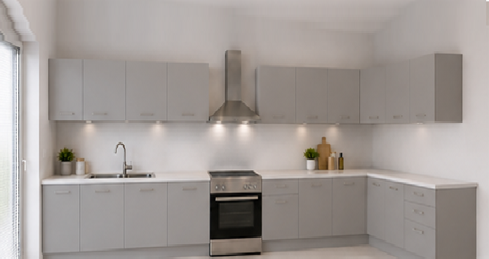 Omarket Γωνιακή Κουζίνα 5 289x215 Πλάτος 504 κουτία 101cm / 59cm / 48cm / 62cm / 61cm / Γωνία 90x90 / 64cm / 62cm / 57cm / 53cm / 60cm Κρεμαστά – Βάσεις μαζί με πάγκο μελαμίνης 3,2cm Omarket-gkri231282367245