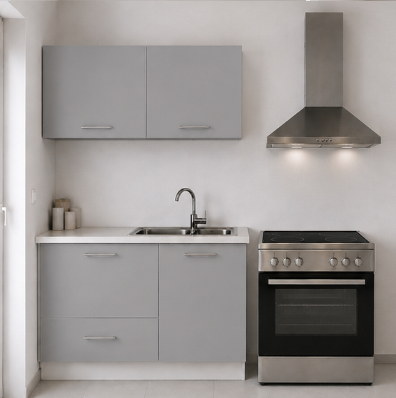Omarket Ευθεία Κουζίνα 86 Πλάτος 120 κουτία 38cm / 80cm Κρεμαστά – Βάσεις μαζί με πάγκο μελαμίνης 3,2cm Omarket-gkri231282365344