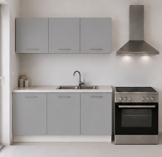 Omarket Ευθεία Κουζίνα 73 Πλάτος 260 κουτία 101cm / 57cm / 103cm Κρεμαστά – Βάσεις μαζί με πάγκο μελαμίνης 3,2cm  Omarket-gkri231282364028