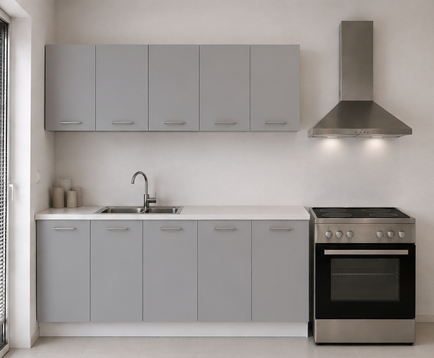 Omarket Ευθεία Κουζίνα 64 Πλάτος 270 κουτία 60cm / 51cm / 101cm / 59cm Κρεμαστά – Βάσεις μαζί με πάγκο μελαμίνης 3,2cm  Omarket-gkri231282363131