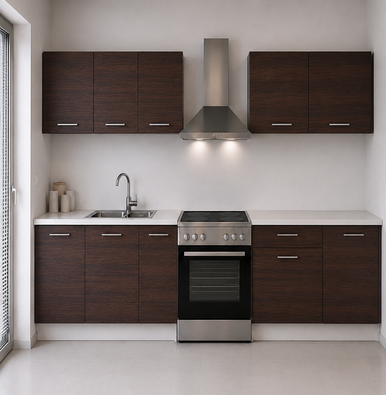 Omarket Ευθεία Κουζίνα 75 Πλάτος 370 κουτία 83cm / 104cm / 47cm / 36cm / 101cm Κρεμαστά – Βάσεις μαζί με πάγκο μελαμίνης 3,2cm Omarket-wenge231282364245