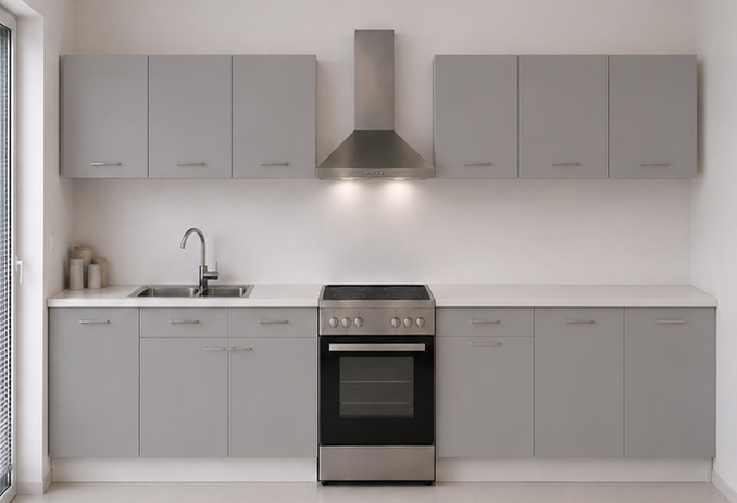 Omarket Ευθεία Κουζίνα 95 Πλάτος 410 κουτία 84cm / 59cm / 84cm / 96cm / 43cm / 53cm Κρεμαστά – Βάσεις μαζί με πάγκο μελαμίνης 3,2cm Omarket-gkri231282366245