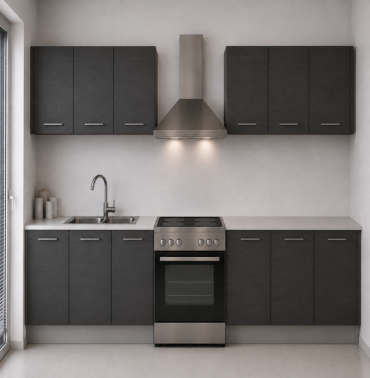 Omarket Ευθεία Κουζίνα 74 Πλάτος 430 κουτία 104cm / 53cm / 100cm / 78cm / 42cm / 60cm Κρεμαστά – Βάσεις μαζί με πάγκο μελαμίνης 3,2cm  Omarket-anthraki231282364070