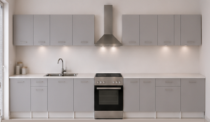 Omarket Ευθεία Κουζίνα 60 Πλάτος 540 κουτία 82cm / 80cm / 82cm / 84cm / 63cm / 100cm / 60cm Κρεμαστά – Βάσεις μαζί με πάγκο μελαμίνης 3,2cm  Omarket-gkri231282362745