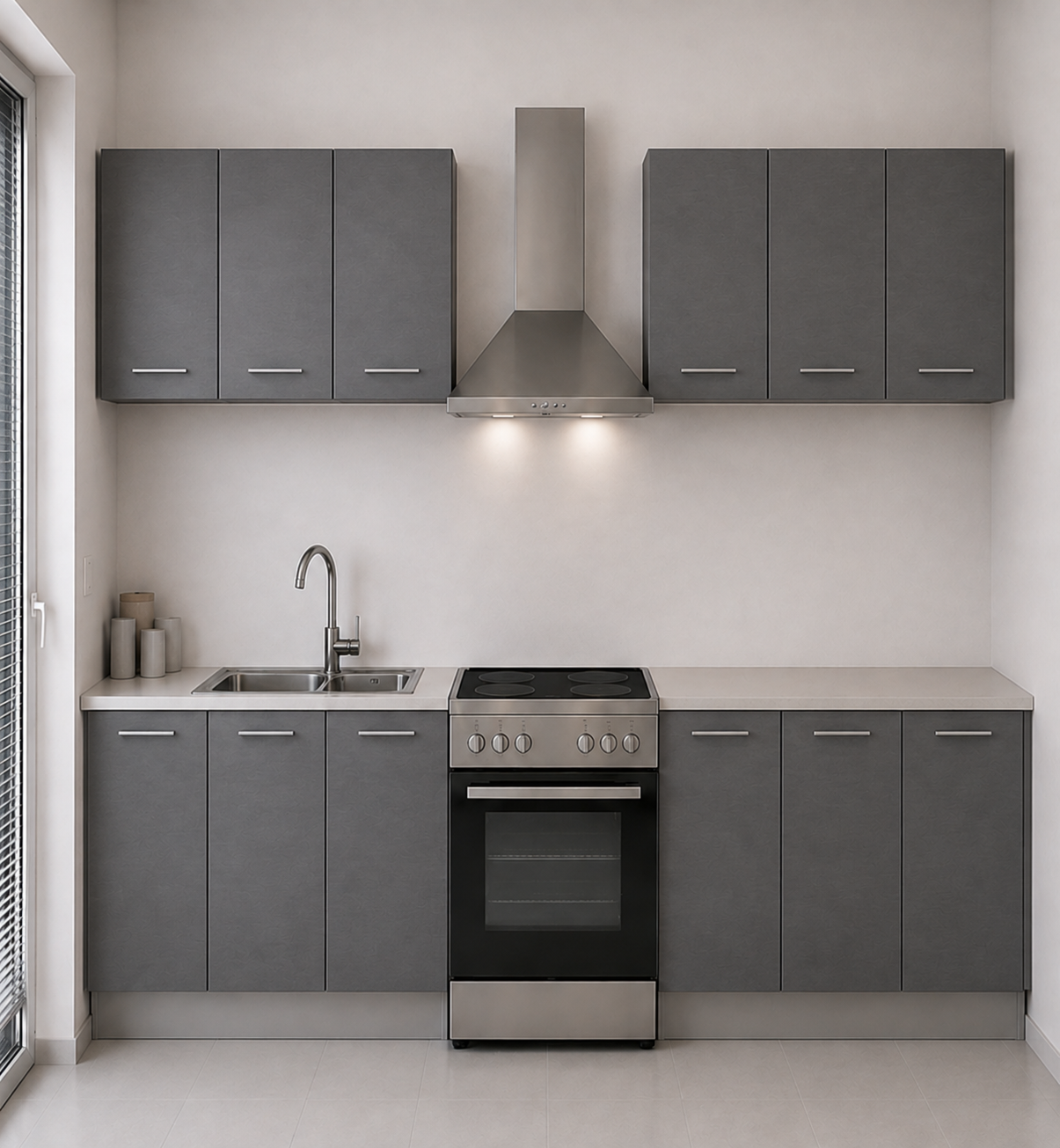 Omarket Ευθεία Κουζίνα 8 Πλάτος 500 κουτία 102cm / 47cm / 100cm / 50cm / 62cm / 56cm / 83cm Κρεμαστά – Βάσεις μαζί με πάγκο μελαμίνης 3,2cm  Omarket-gkri231282357535