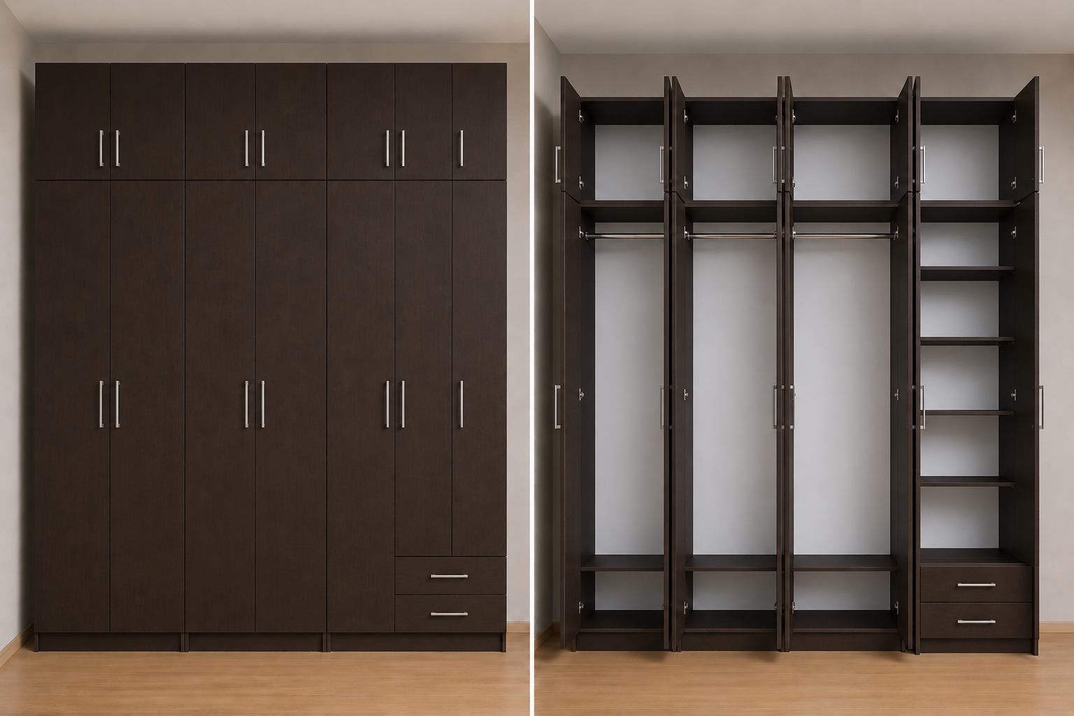 Omarket Ντουλάπα Wenge 315x303x56 με πατάρι 60cm Μαζί με δύο συρτάρια NT12144L-315-303-50000  Κουτί  BOX100|BOX100|BOX100|BOX15  Πατάρι  PAT100|PAT100|PAT100|PAT15