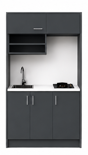 Omarket Studio105Elite11 Πολυκουζινάκι 97cm, ύψος 220cm, βάθος 50cm, ανθρακί μοριοσανίδα 16mm, πάγκος 32mm, μικρή inox γούρνα αριστερά, εστία 2 ματιών δεξιά, σχέδιο Elite. Omarket-polikou1287645071