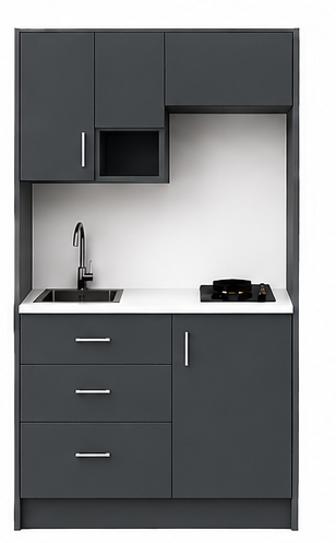 Omarket Studio105Flex10 Πολυκουζινάκι 97cm, ύψος 220cm, βάθος 50cm, ανθρακί μοριοσανίδα 16mm, πάγκος 32mm, μικρή inox γούρνα αριστερά, εστία 2 ματιών δεξιά, σχέδιο Flex. Omarket-polikou1287644991