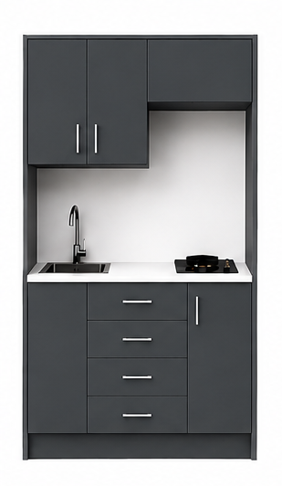 Omarket Studio105Style13 Πολυκουζινάκι 97cm, ύψος 220cm, βάθος 50cm, ανθρακί μοριοσανίδα 16mm, πάγκος 32mm, μικρή inox γούρνα αριστερά, εστία 2 ματιών δεξιά, σχέδιο Style. Omarket-polikou1287645231