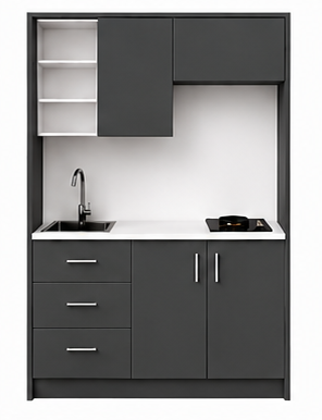 Omarket Studio135Classic01 Πολυκουζινάκι 129cm, ύψος 220cm, βάθος 50cm, ανθρακί μοριοσανίδα 16mm, πάγκος 32mm, μικρή inox γούρνα αριστερά, εστία 2 ματιών δεξιά, σχέδιο Classic. Omarket-polikou1287646291