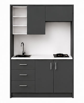 Omarket Studio135Elite11 Πολυκουζινάκι 135cm, ύψος 220cm, βάθος 50cm, ανθρακί μοριοσανίδα 16mm, πάγκος 32mm, μικρή inox γούρνα αριστερά, εστία 2 ματιών δεξιά, σχέδιο Elite. Omarket-polikou1287647071