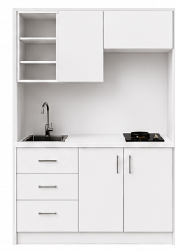 Omarket Studio135Elite11 Πολυκουζινάκι 129cm, ύψος 220cm, βάθος 50cm, λευκή μελαμίνη 16mm, πάγκος 32mm, μικρή inox γούρνα αριστερά, εστία 2 ματιών δεξιά, σχέδιο Elite. Omarket-polikou87647041