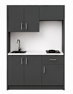 Omarket Studio135Flex10 Πολυκουζινάκι 135cm, ύψος 220cm, βάθος 50cm, ανθρακί μοριοσανίδα 16mm, πάγκος 32mm, μικρή inox γούρνα αριστερά, εστία 2 ματιών δεξιά, σχέδιο Flex. Omarket-polikou1287646996