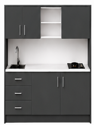 Omarket Studio135Pro12 Πολυκουζινάκι 135cm, ύψος 220cm, βάθος 50cm, ανθρακί μοριοσανίδα 16mm, πάγκος 32mm, μικρή inox γούρνα αριστερά, εστία 2 ματιών δεξιά, σχέδιο Pro. Omarket-polikou1287647146
