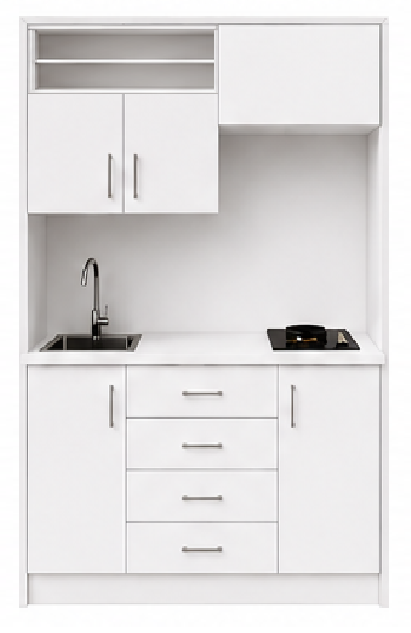Omarket Studio135Pro12 Πολυκουζινάκι 129cm, ύψος 220cm, βάθος 50cm, λευκή μελαμίνη 16mm, πάγκος 32mm, μικρή inox γούρνα αριστερά, εστία 2 ματιών δεξιά, σχέδιο Pro. Omarket-polikou87647116