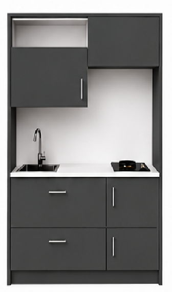 Omarket Studio135Style13 Πολυκουζινάκι 135cm, ύψος 220cm, βάθος 50cm, ανθρακί μοριοσανίδα 16mm, πάγκος 32mm, μικρή inox γούρνα αριστερά, εστία 2 ματιών δεξιά, σχέδιο Style. Omarket-polikou1287647221