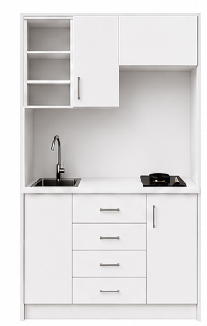 Omarket Studio135Style13 Πολυκουζινάκι 129cm, ύψος 220cm, βάθος 50cm, λευκή μελαμίνη 16mm, πάγκος 32mm, μικρή inox γούρνα αριστερά, εστία 2 ματιών δεξιά, σχέδιο Style. Omarket-polikou87647191