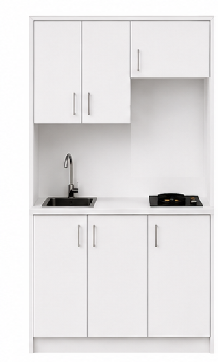 Omarket Studio140Elite11 Πολυκουζινάκι 136cm, ύψος 220cm, βάθος 50cm, λευκή μελαμίνη 16mm, πάγκος 32mm, μικρή inox γούρνα αριστερά, εστία 2 ματιών δεξιά, σχέδιο Elite. Omarket-polikou87647476