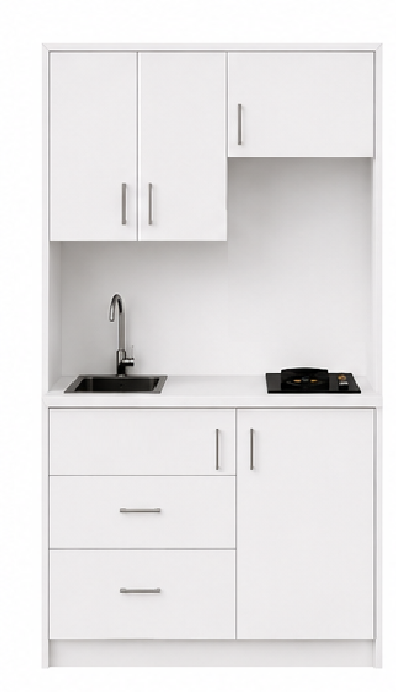 Omarket Studio140Flex10 Πολυκουζινάκι 136cm, ύψος 220cm, βάθος 50cm, λευκή μελαμίνη 16mm, πάγκος 32mm, μικρή inox γούρνα αριστερά, εστία 2 ματιών δεξιά, σχέδιο Flex. Omarket-polikou87647451