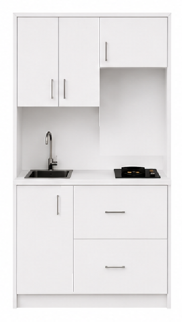 Omarket Studio140Pro12 Πολυκουζινάκι 136cm, ύψος 220cm, βάθος 50cm, λευκή μελαμίνη 16mm, πάγκος 32mm, μικρή inox γούρνα αριστερά, εστία 2 ματιών δεξιά, σχέδιο Pro. Omarket-polikou87647501