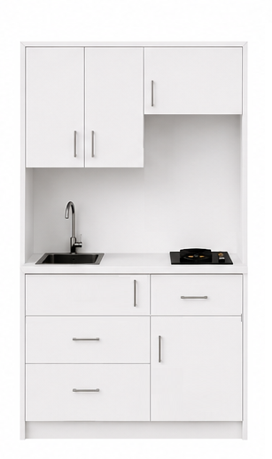 Omarket Studio140Style13 Πολυκουζινάκι 136cm, ύψος 220cm, βάθος 50cm, λευκή μελαμίνη 16mm, πάγκος 32mm, μικρή inox γούρνα αριστερά, εστία 2 ματιών δεξιά, σχέδιο Style. Omarket-polikou87647526