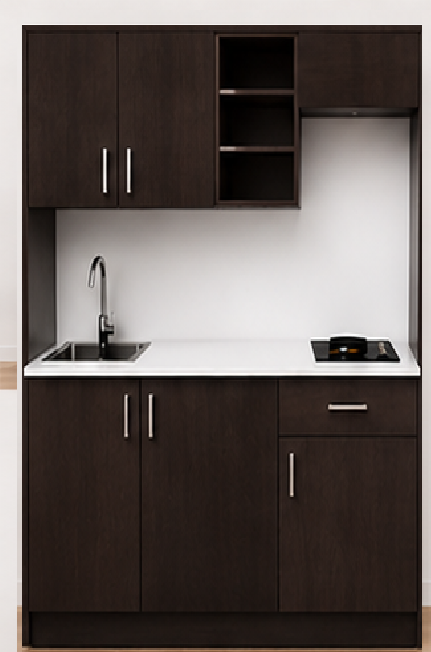 Omarket Studio170Airbnb07 Πολυκουζινάκι 170cm, ύψος 220cm, βάθος 50cm, wenge μοριοσανίδα 16mm, πάγκος 32mm, μικρή inox γούρνα αριστερά, εστία 2 ματιών δεξιά, σχέδιο Airbnb. Omarket-polikou3387649096