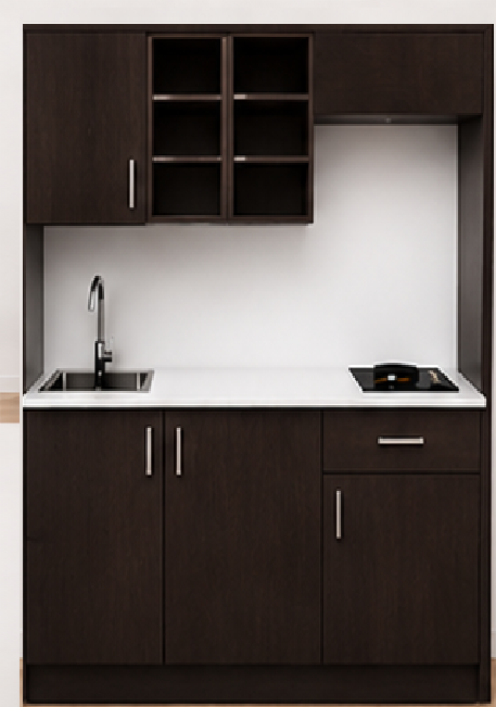 Omarket Studio170Drawer03 Πολυκουζινάκι 170cm, ύψος 220cm, βάθος 50cm, wenge μοριοσανίδα 16mm, πάγκος 32mm, μικρή inox γούρνα αριστερά, εστία 2 ματιών δεξιά, σχέδιο Drawer. Omarket-polikou3387648896
