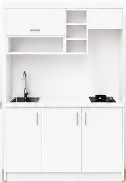 Omarket Studio170Elite11 Πολυκουζινάκι 166cm, ύψος 220cm, βάθος 50cm, λευκή μελαμίνη 16mm, πάγκος 32mm, μικρή inox γούρνα αριστερά, εστία 2 ματιών δεξιά, σχέδιο Elite. Omarket-polikou87649276