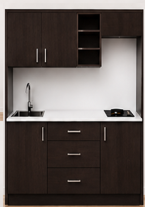 Omarket Studio170Flex10 Πολυκουζινάκι 170cm, ύψος 220cm, βάθος 50cm, wenge μοριοσανίδα 16mm, πάγκος 32mm, μικρή inox γούρνα αριστερά, εστία 2 ματιών δεξιά, σχέδιο Flex. Omarket-polikou3387649246