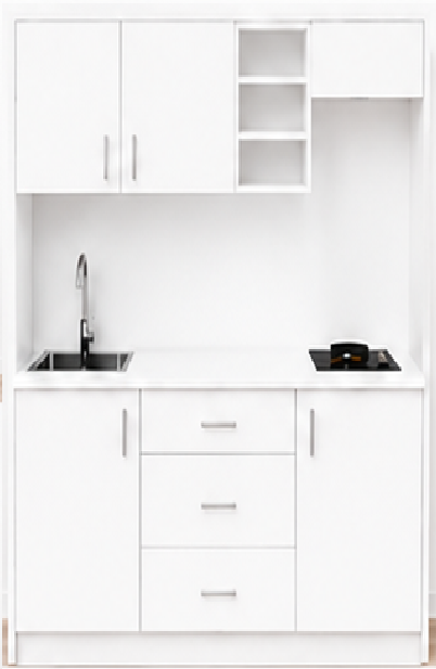 Omarket Studio170Flex10 Πολυκουζινάκι 166cm, ύψος 220cm, βάθος 50cm, λευκή μελαμίνη 16mm, πάγκος 32mm, μικρή inox γούρνα αριστερά, εστία 2 ματιών δεξιά, σχέδιο Flex. Omarket-polikou87649226