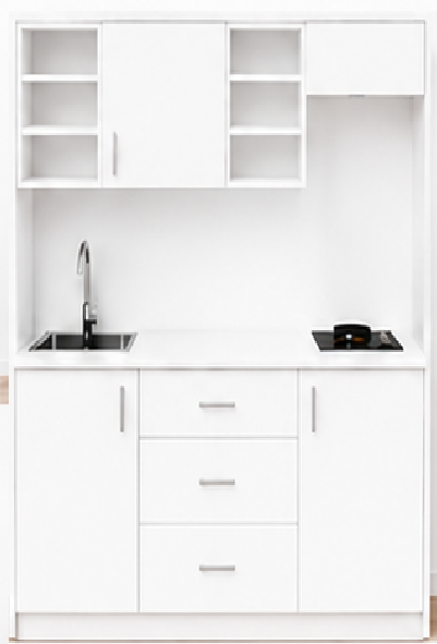 Omarket Studio170Prime09 Πολυκουζινάκι 166cm, ύψος 220cm, βάθος 50cm, λευκή μελαμίνη 16mm, πάγκος 32mm, μικρή inox γούρνα αριστερά, εστία 2 ματιών δεξιά, σχέδιο Prime. Omarket-polikou87649176