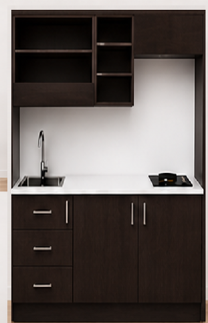 Omarket Studio170Smart04 Πολυκουζινάκι 170cm, ύψος 220cm, βάθος 50cm, wenge μοριοσανίδα 16mm, πάγκος 32mm, μικρή inox γούρνα αριστερά, εστία 2 ματιών δεξιά, σχέδιο Smart. Omarket-polikou3387648946