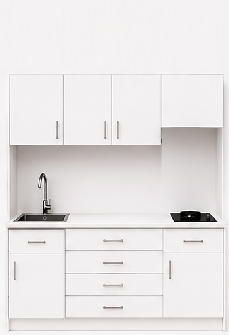 Omarket Studio180Pro12 Πολυκουζινάκι 178cm, ύψος 220cm, βάθος 50cm, λευκή μελαμίνη 16mm, πάγκος 32mm, μικρή inox γούρνα αριστερά, εστία 2 ματιών δεξιά, σχέδιο Pro. Omarket-polikou87649936