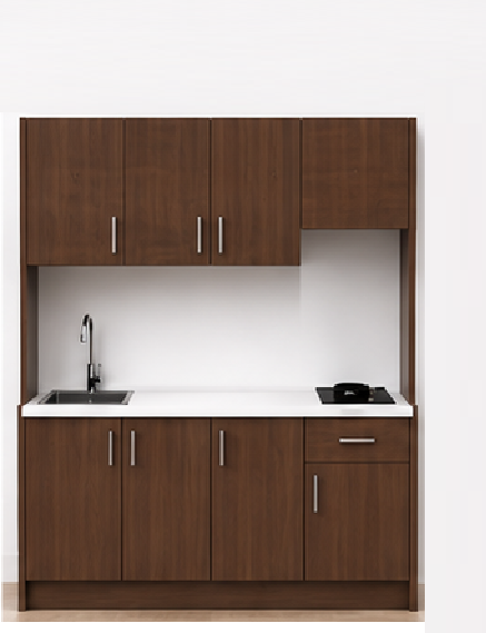 Omarket Studio200Airbnb07 Πολυκουζινάκι 200cm, ύψος 200cm, βάθος 50cm, καρυδι μοριοσανίδα 16mm, πάγκος 32mm, μικρή inox γούρνα αριστερά, εστία 2 ματιών δεξιά, σχέδιο Airbnb. Omarket-polikou2287650642