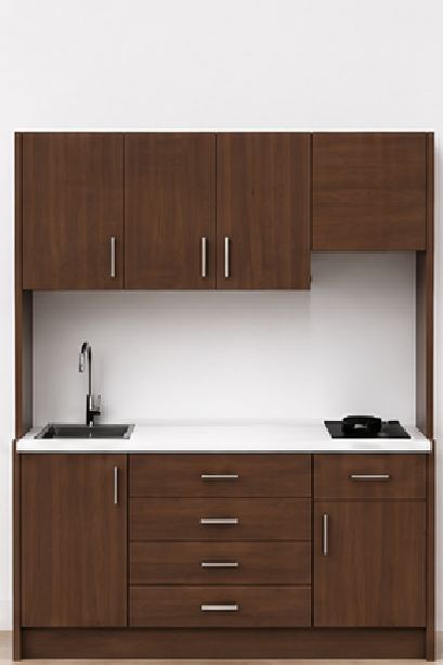 Omarket Studio200Compact05 Πολυκουζινάκι 200cm, ύψος 200cm, βάθος 50cm, καρυδι μοριοσανίδα 16mm, πάγκος 32mm, μικρή inox γούρνα αριστερά, εστία 2 ματιών δεξιά, σχέδιο Compact. Omarket-polikou2287650442
