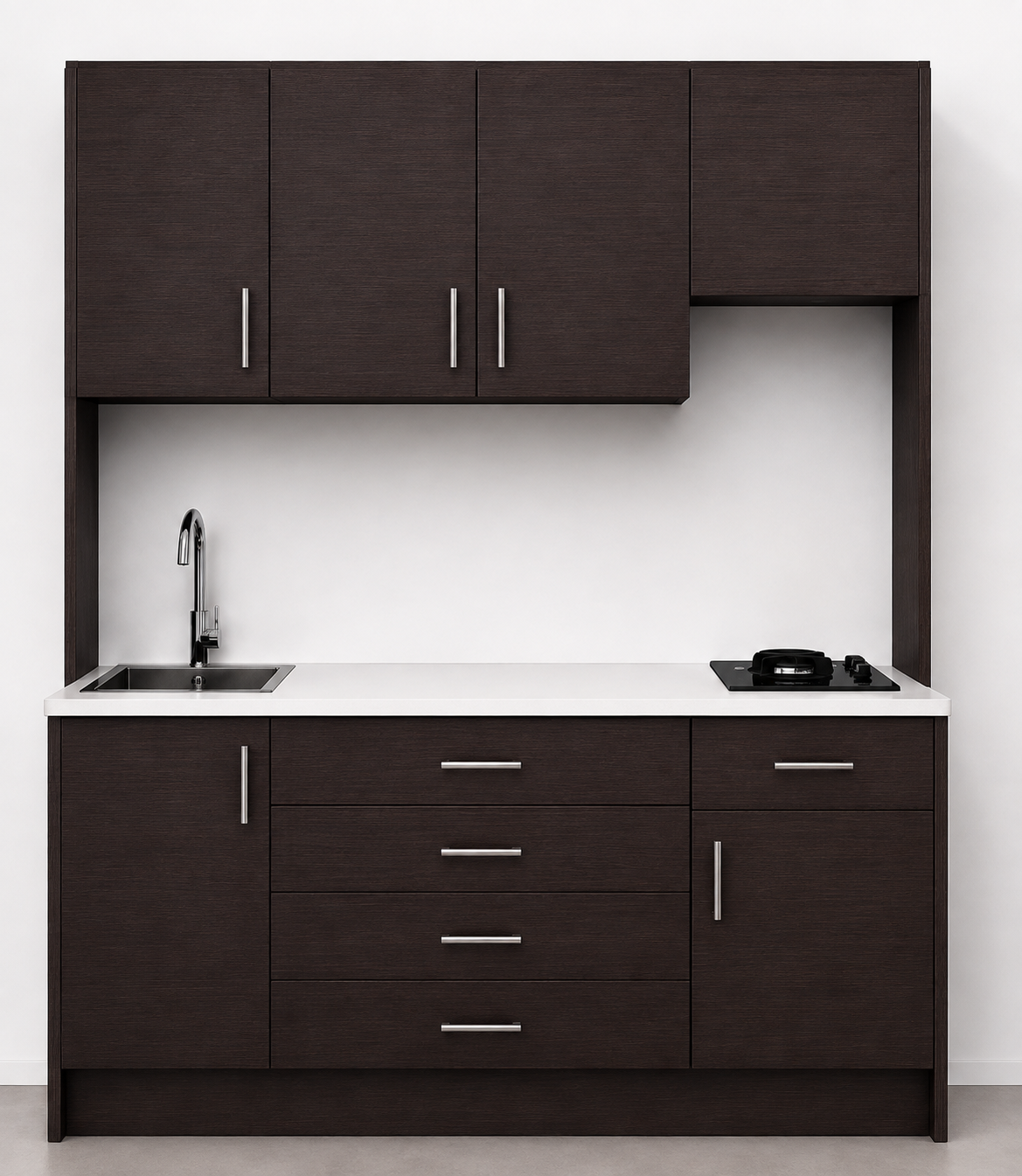 Omarket Studio200Compact05 Πολυκουζινάκι 200cm, ύψος 220cm, βάθος 50cm, wenge μοριοσανίδα 16mm, πάγκος 32mm, μικρή inox γούρνα αριστερά, εστία 2 ματιών δεξιά, σχέδιο Compact. Omarket-polikou3387650446