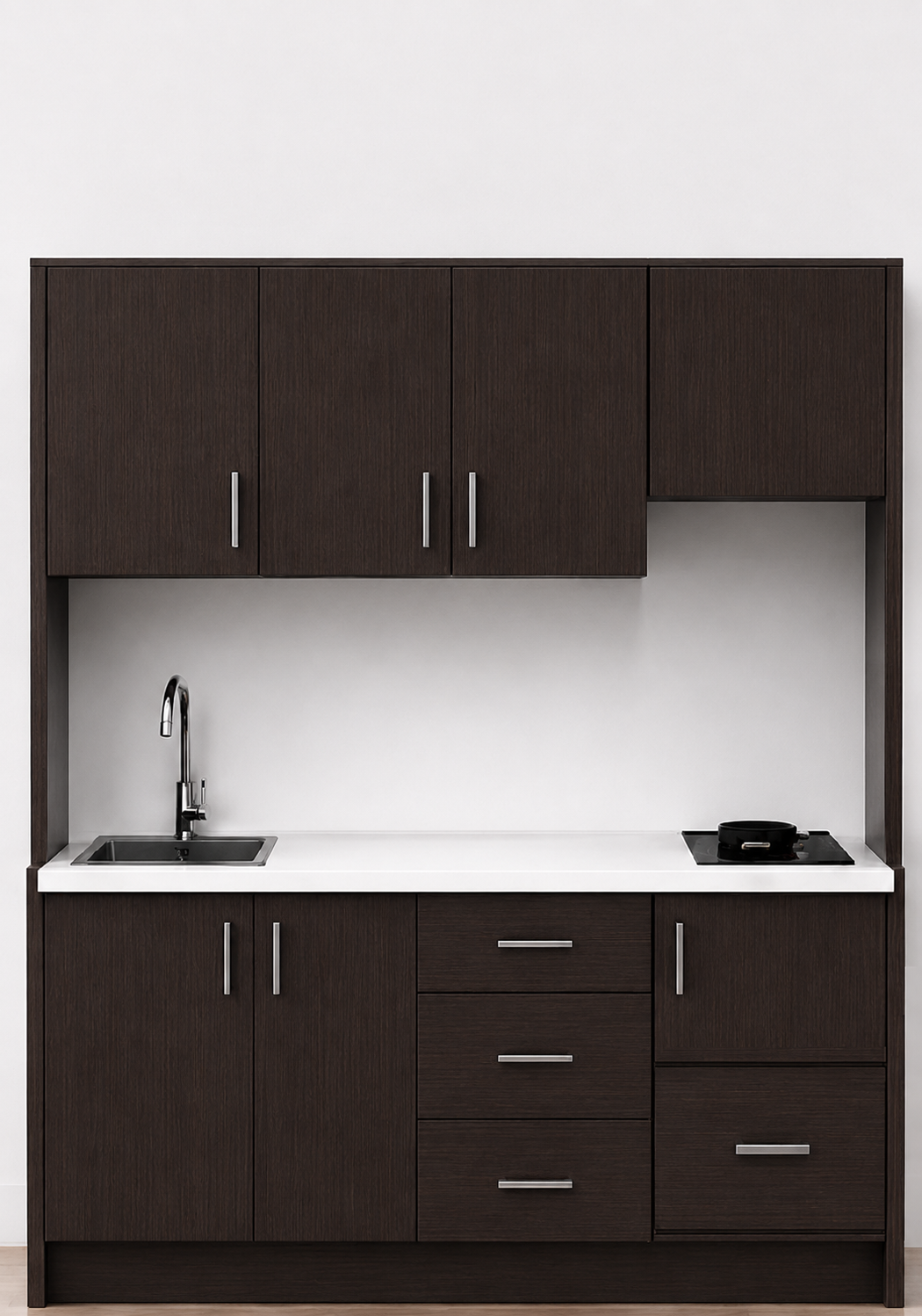 Omarket Studio200Drawer03 Πολυκουζινάκι 200cm, ύψος 220cm, βάθος 50cm, wenge μοριοσανίδα 16mm, πάγκος 32mm, μικρή inox γούρνα αριστερά, εστία 2 ματιών δεξιά, σχέδιο Drawer. Omarket-polikou3387650246