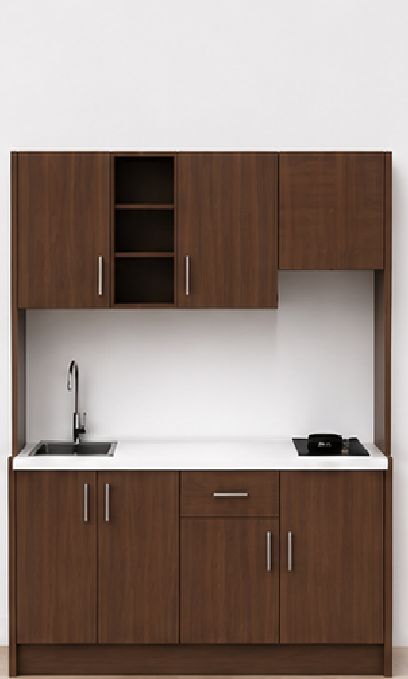 Omarket Studio200Elite11 Πολυκουζινάκι 200cm, ύψος 200cm, βάθος 50cm, καρυδι μοριοσανίδα 16mm, πάγκος 32mm, μικρή inox γούρνα αριστερά, εστία 2 ματιών δεξιά, σχέδιο Elite. Omarket-polikou2287651042