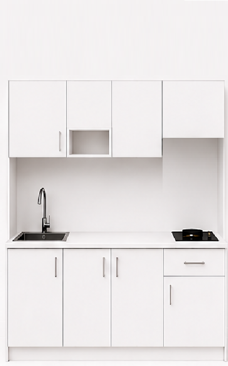 Omarket Studio200Elite11 Πολυκουζινάκι 190cm, ύψος 220cm, βάθος 50cm, λευκή μελαμίνη 16mm, πάγκος 32mm, μικρή inox γούρνα αριστερά, εστία 2 ματιών δεξιά, σχέδιο Elite. Omarket-polikou87650996