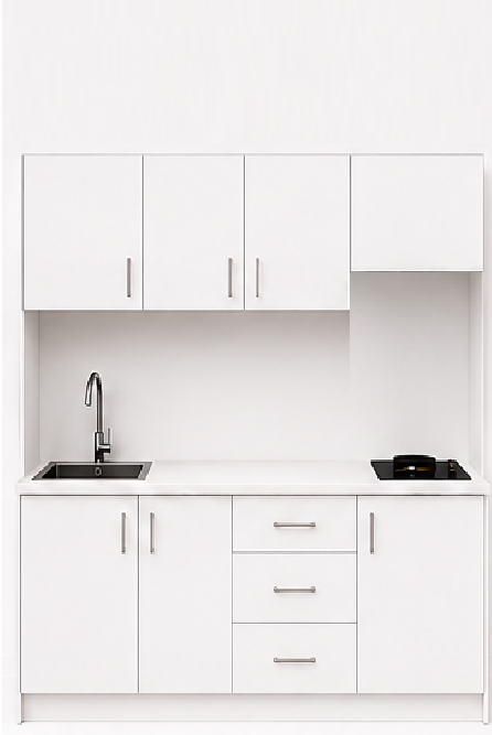Omarket Studio200Flex10 Πολυκουζινάκι 190cm, ύψος 220cm, βάθος 50cm, λευκή μελαμίνη 16mm, πάγκος 32mm, μικρή inox γούρνα αριστερά, εστία 2 ματιών δεξιά, σχέδιο Flex. Omarket-polikou87650896