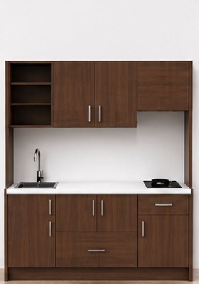 Omarket Studio200Prime09 Πολυκουζινάκι 200cm, ύψος 200cm, βάθος 50cm, καρυδι μοριοσανίδα 16mm, πάγκος 32mm, μικρή inox γούρνα αριστερά, εστία 2 ματιών δεξιά, σχέδιο Prime. Omarket-polikou2287650842