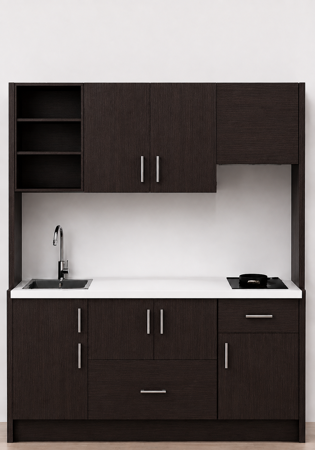 Omarket Studio200Prime09 Πολυκουζινάκι 200cm, ύψος 220cm, βάθος 50cm, wenge μοριοσανίδα 16mm, πάγκος 32mm, μικρή inox γούρνα αριστερά, εστία 2 ματιών δεξιά, σχέδιο Prime. Omarket-polikou3387650846
