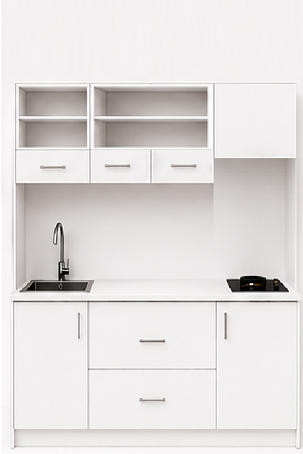 Omarket Studio200Prime09 Πολυκουζινάκι 190cm, ύψος 220cm, βάθος 50cm, λευκή μελαμίνη 16mm, πάγκος 32mm, μικρή inox γούρνα αριστερά, εστία 2 ματιών δεξιά, σχέδιο Prime. Omarket-polikou87650796