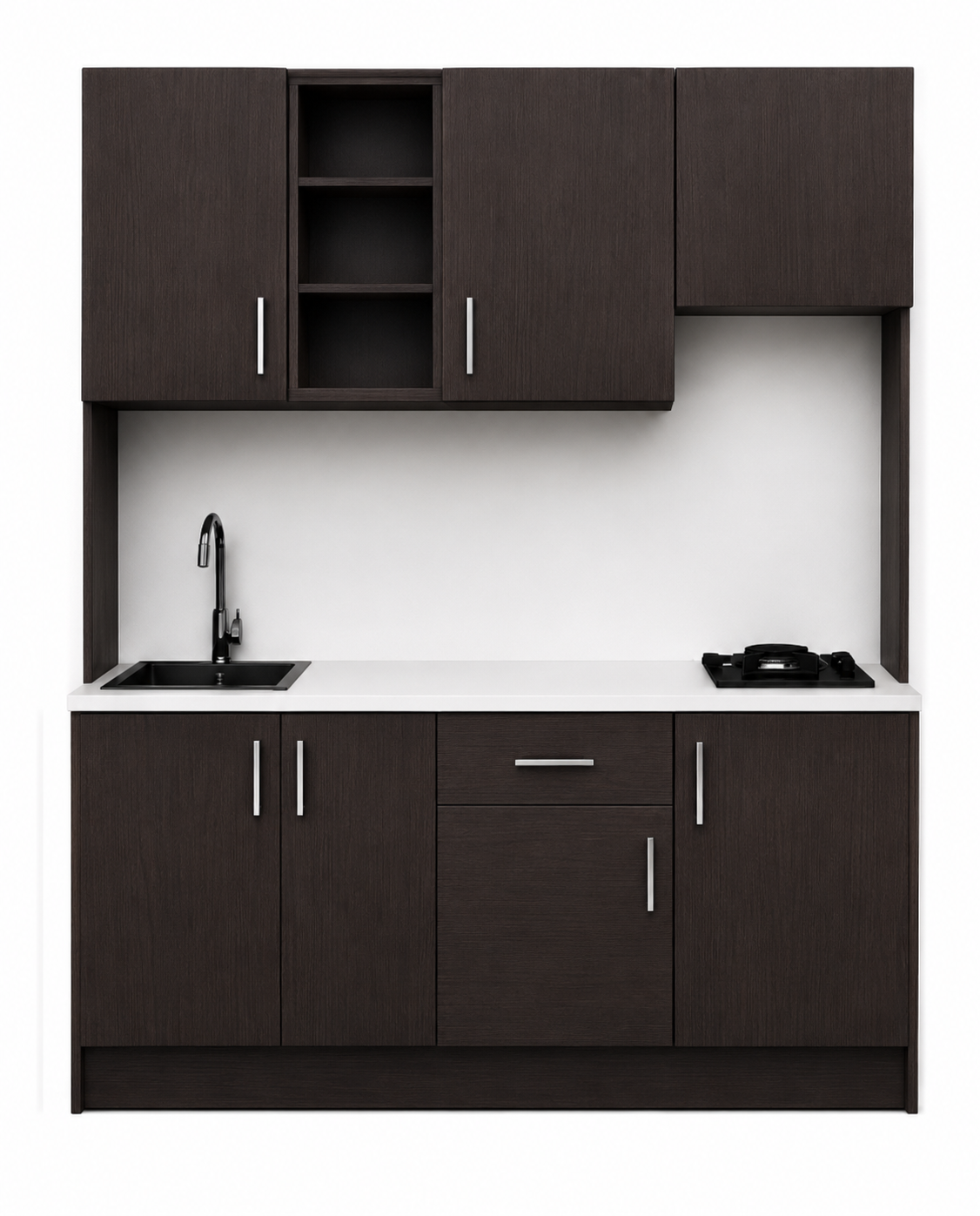Omarket Studio200Pro12 Πολυκουζινάκι 200cm, ύψος 220cm, βάθος 50cm, wenge μοριοσανίδα 16mm, πάγκος 32mm, μικρή inox γούρνα αριστερά, εστία 2 ματιών δεξιά, σχέδιο Pro. Omarket-polikou3387651146