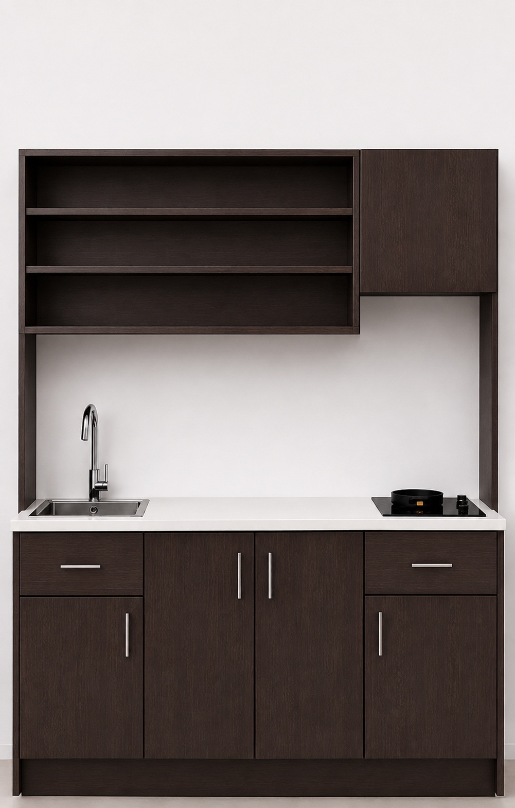 Omarket Studio200Smart04 Πολυκουζινάκι 200cm, ύψος 220cm, βάθος 50cm, wenge μοριοσανίδα 16mm, πάγκος 32mm, μικρή inox γούρνα αριστερά, εστία 2 ματιών δεξιά, σχέδιο Smart. Omarket-polikou3387650346