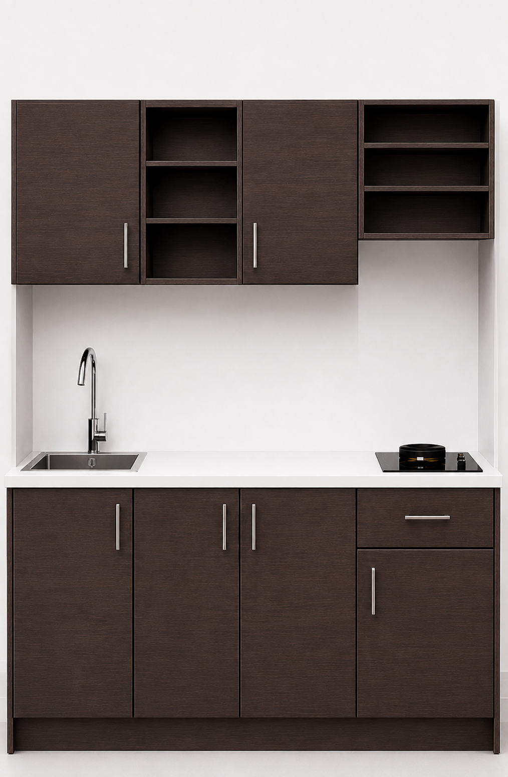 Omarket Studio200Storage02 Πολυκουζινάκι 200cm, ύψος 220cm, βάθος 50cm, wenge μοριοσανίδα 16mm, πάγκος 32mm, μικρή inox γούρνα αριστερά, εστία 2 ματιών δεξιά, σχέδιο Storage. Omarket-polikou3387650146
